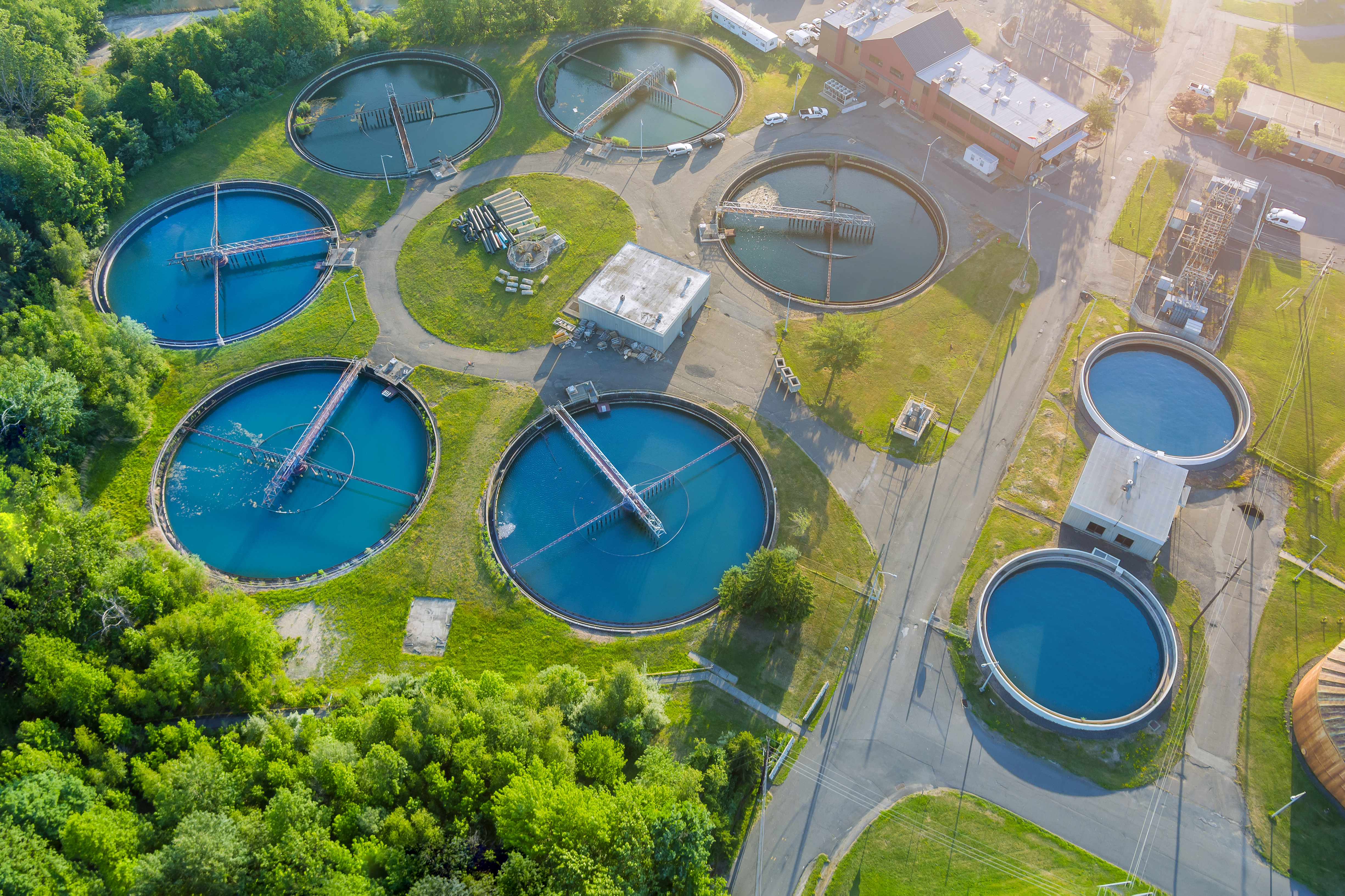 Panoramic view of modern urban wastewater treatment plant water purification